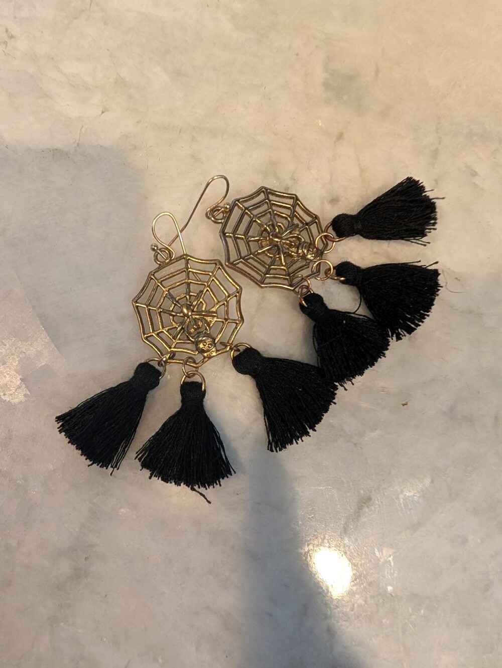 Spider Web Earrings With Black Tassels